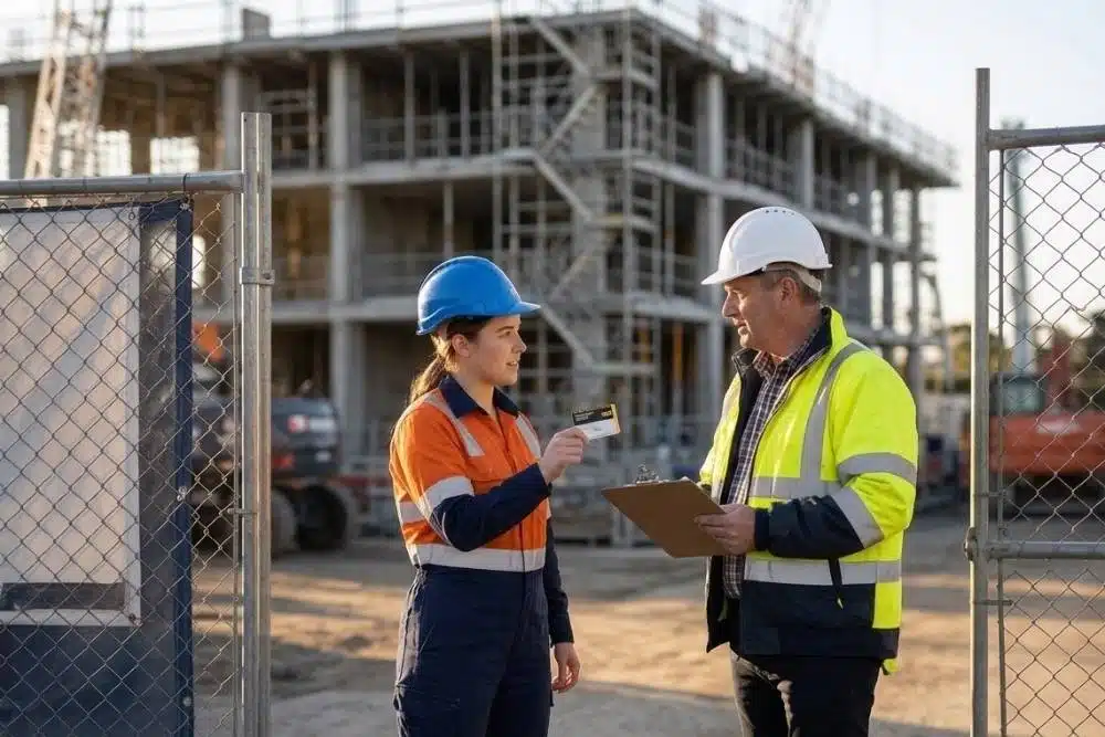 Construction worker showing a White Card to a site supervisor at the entrance to a building site in Victoria, with fencing and an unfinished structure in the background.