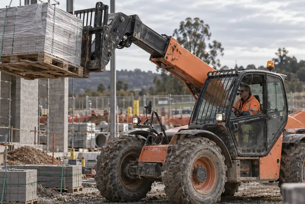 Telehandler operator lifting a pallet of building materials on a muddy construction site.